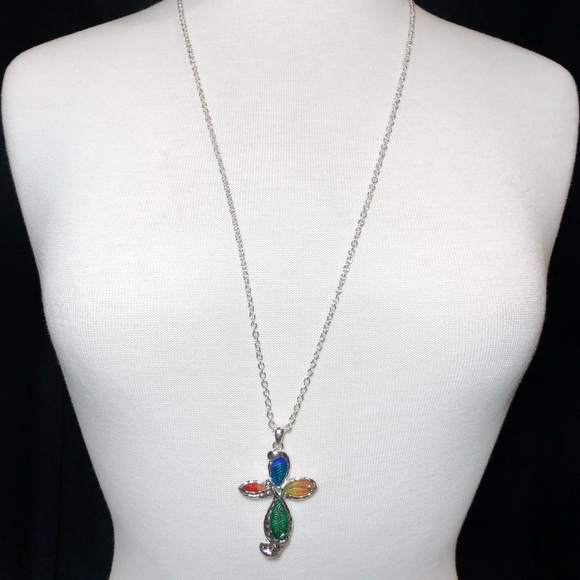 Multicolor Painted Cross Long Silver Necklace - Picture 3 of 3